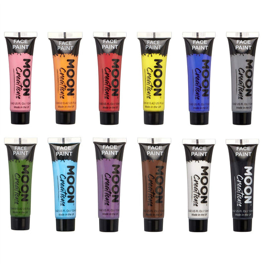 Moon Creations Face & Body Paint Tubes | Set of 12 | 12ml - Made in UK