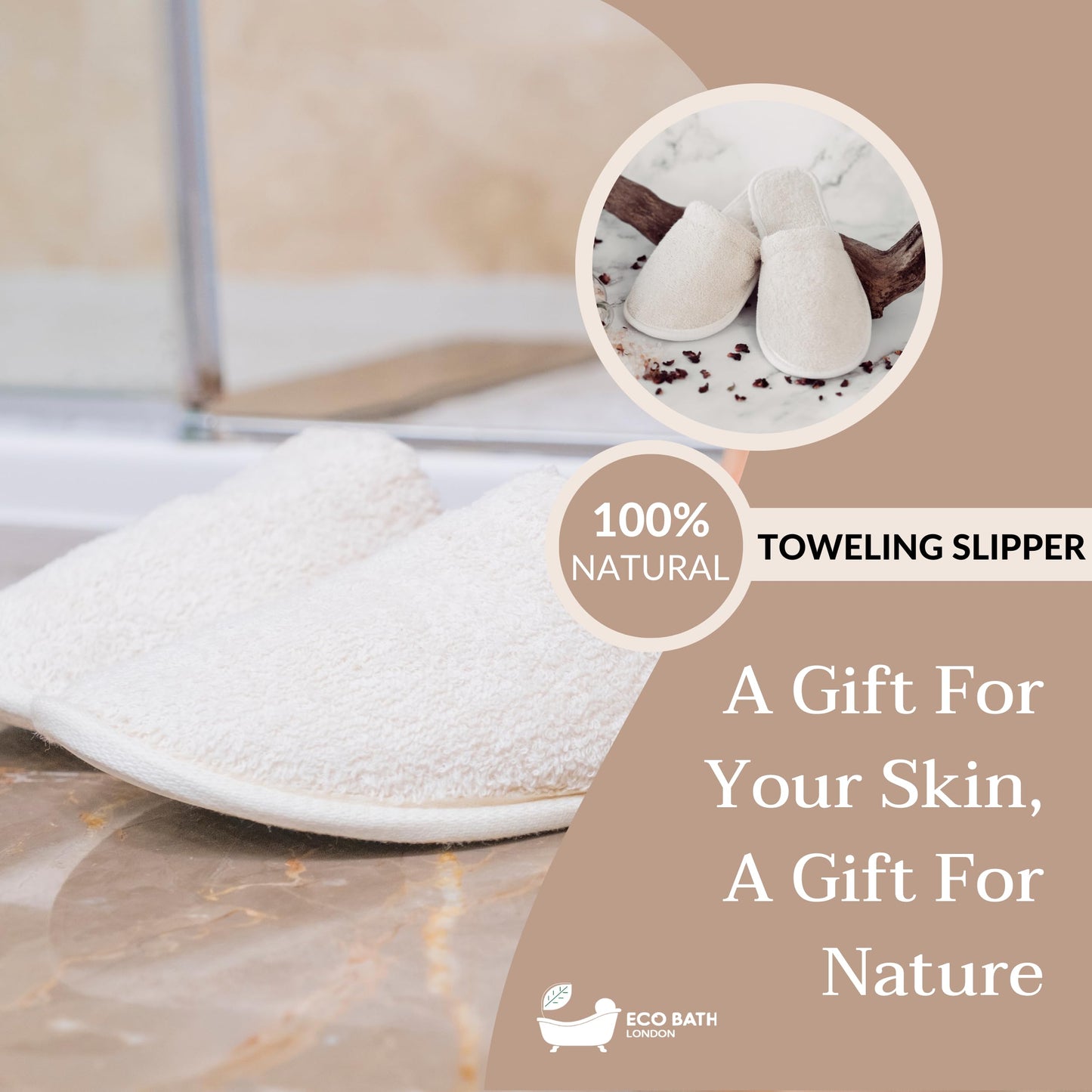 Eco Bath London Natural 100% Organic Cotton Ultra Soft Toweling Slippers - Made in Turkey