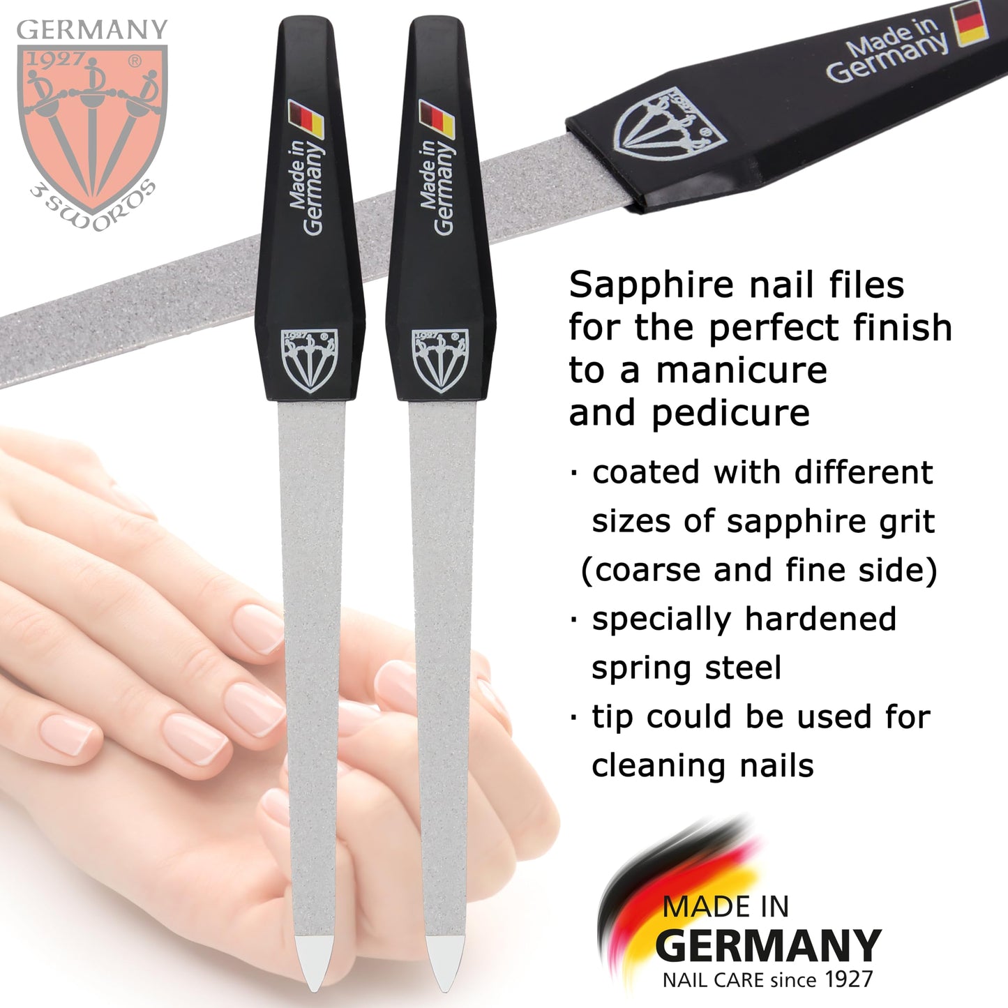 3 Swords Germany Sapphire Metal Nail File 2 Pieces with 1 Piece 3-Way Nail Buffer – Made in Germany