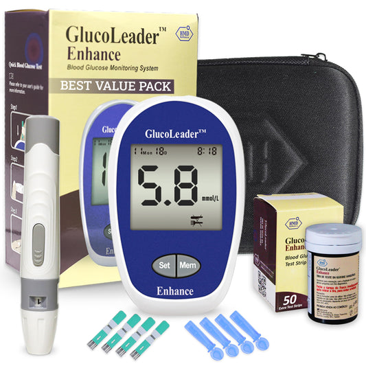 Glucoleader Enhance Blood Glucose Monitor with Test Strips and Lancets - Made in Taiwan