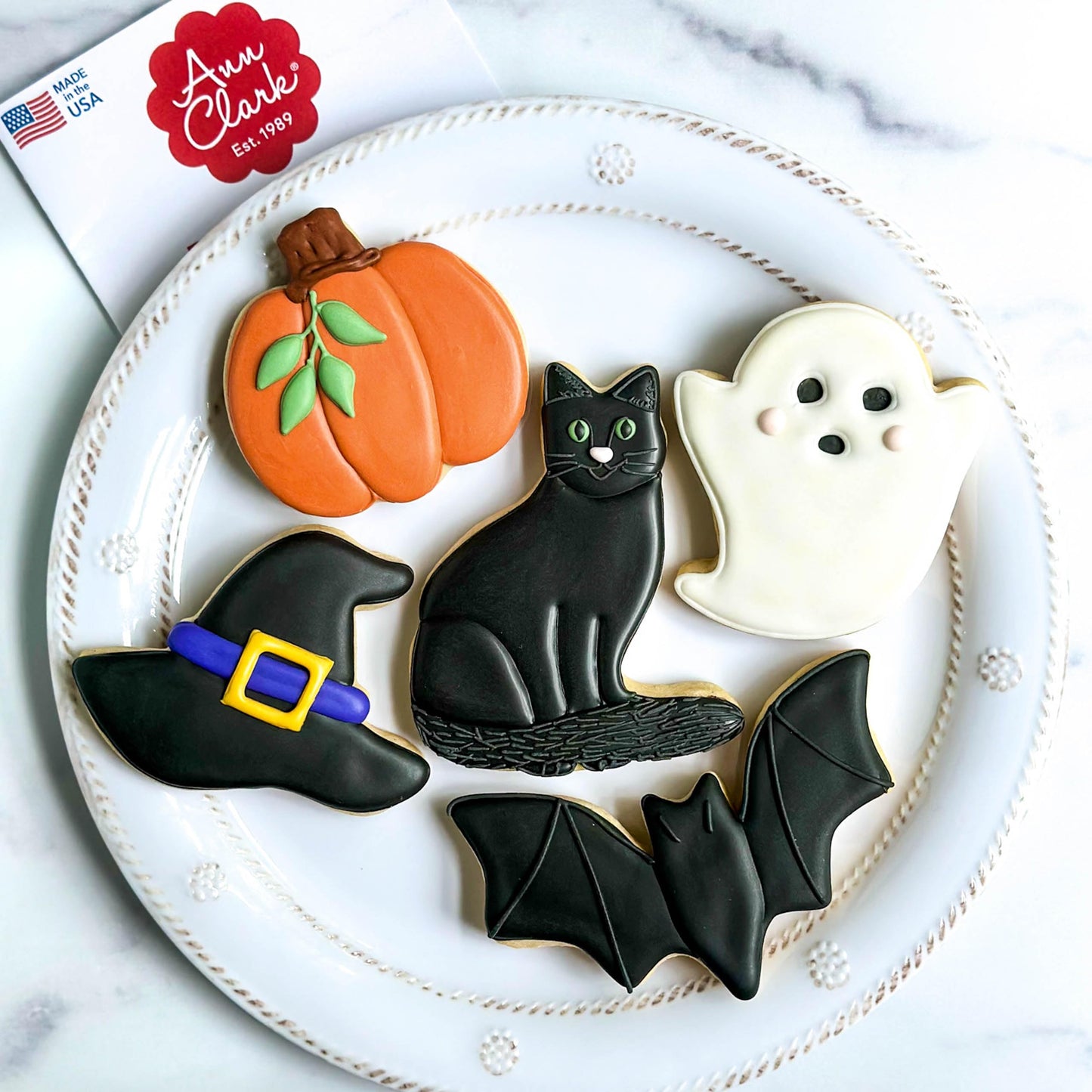 Ann Clark Halloween Cookie Cutters Pumpkin, Ghost, Bat, Black Cat, Witch Hat 5-Pc Set - Made in USA