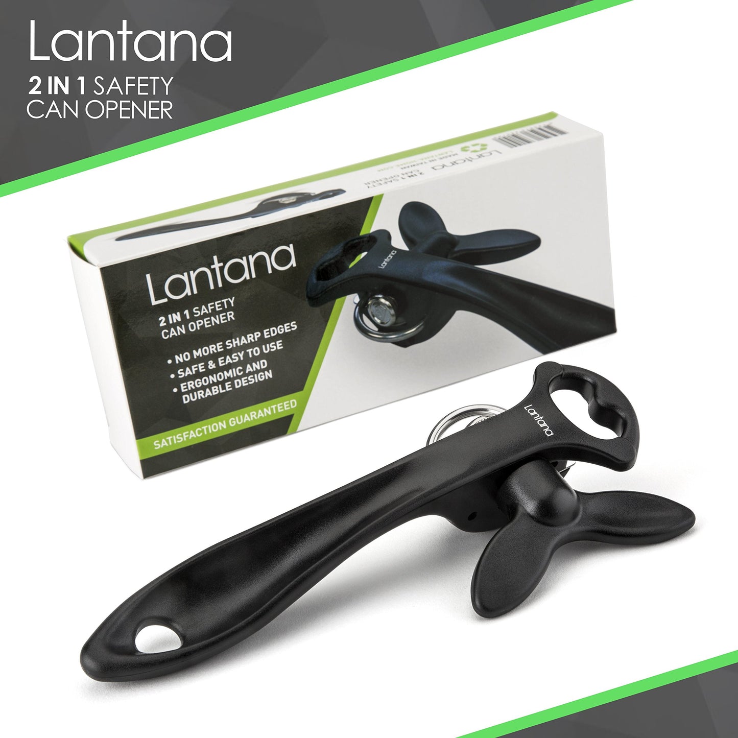 Lantana 2 in 1 Safety/Smooth Edge Tin Can Opener & Bottle Opener - Black/Stainless Steel - Made in Taiwan