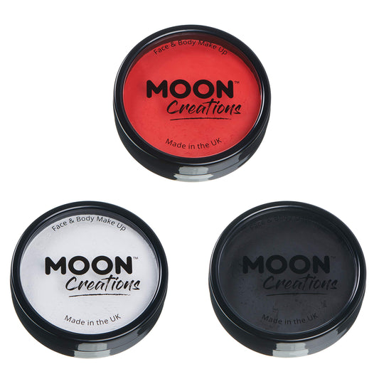 Moon Creations Pro Face & Body Makeup | Bright Red, White, Black Set | 36g - Made in UK