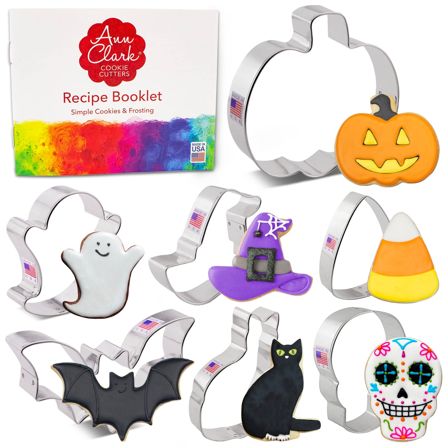 Ann Clark Halloween Cookie Cutters 7-Pc. Set Pumpkin, Ghost, Bat, Candy Corn, Skull, Black Cat, Witch Hat - Made in USA