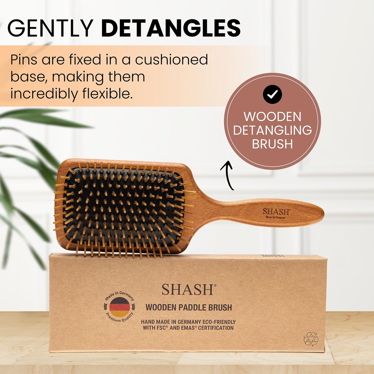 SHASH Eco-Sourced Wooden Paddle Brush - Made in Germany