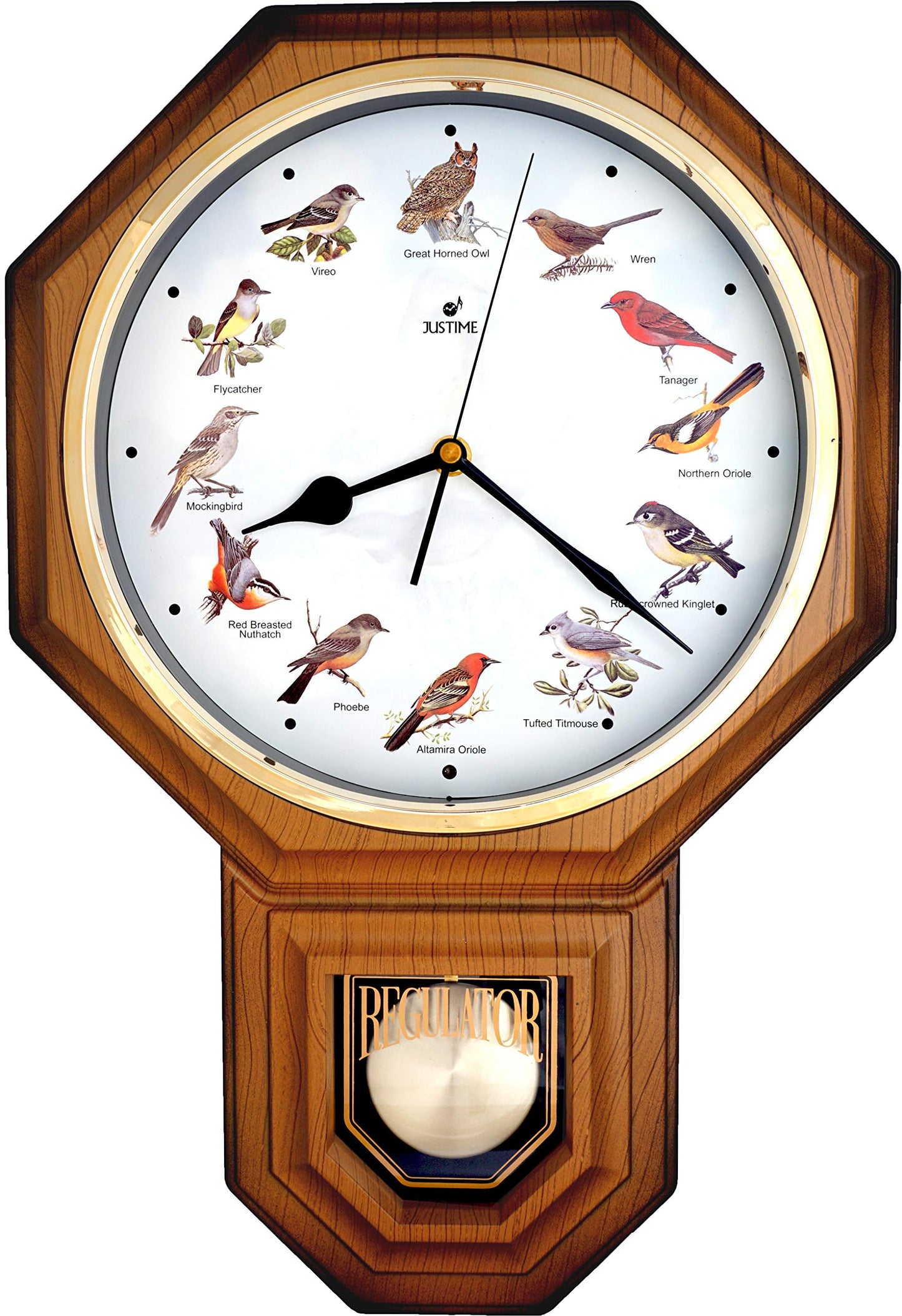 JUSTIME Unique 12 North America Bird's Song Schoolhouse Pendulum Wall Clock Chimes Every Hour Melody - Made in Taiwan