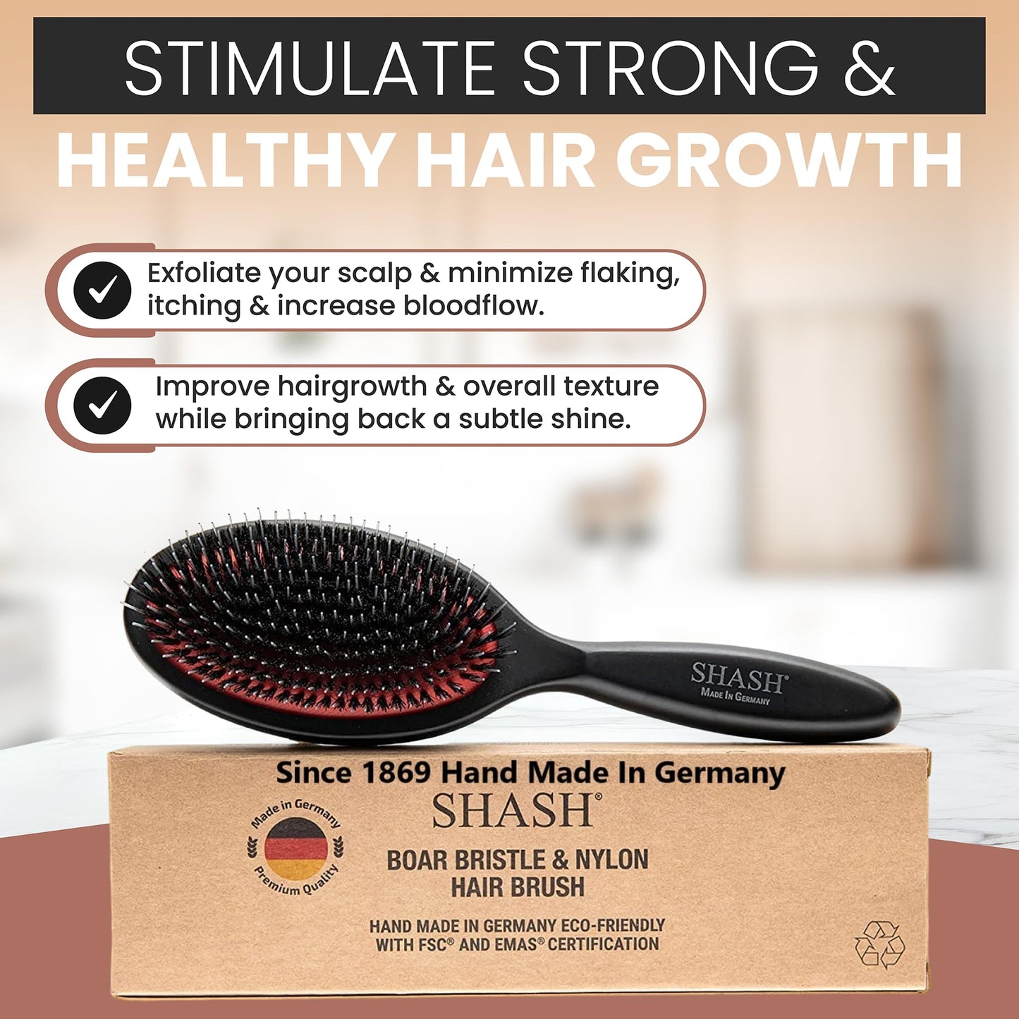 SHASH  Nylon Boar Bristle Brush For Normal To Thick Hair - Made In Germany