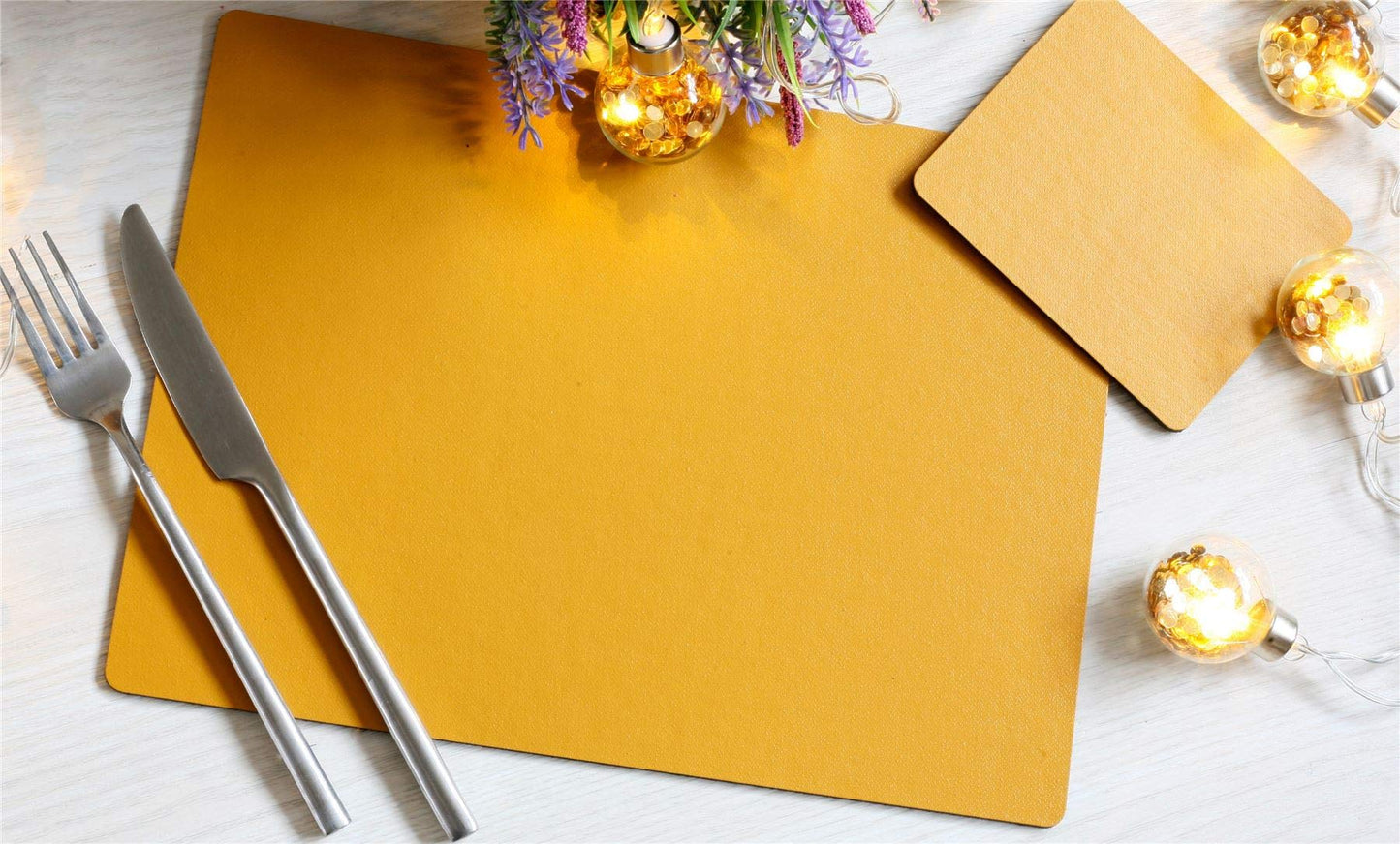 Set of 4 Elementary Mustard Leatherboard Placemats and 4 Coasters - Made in UK