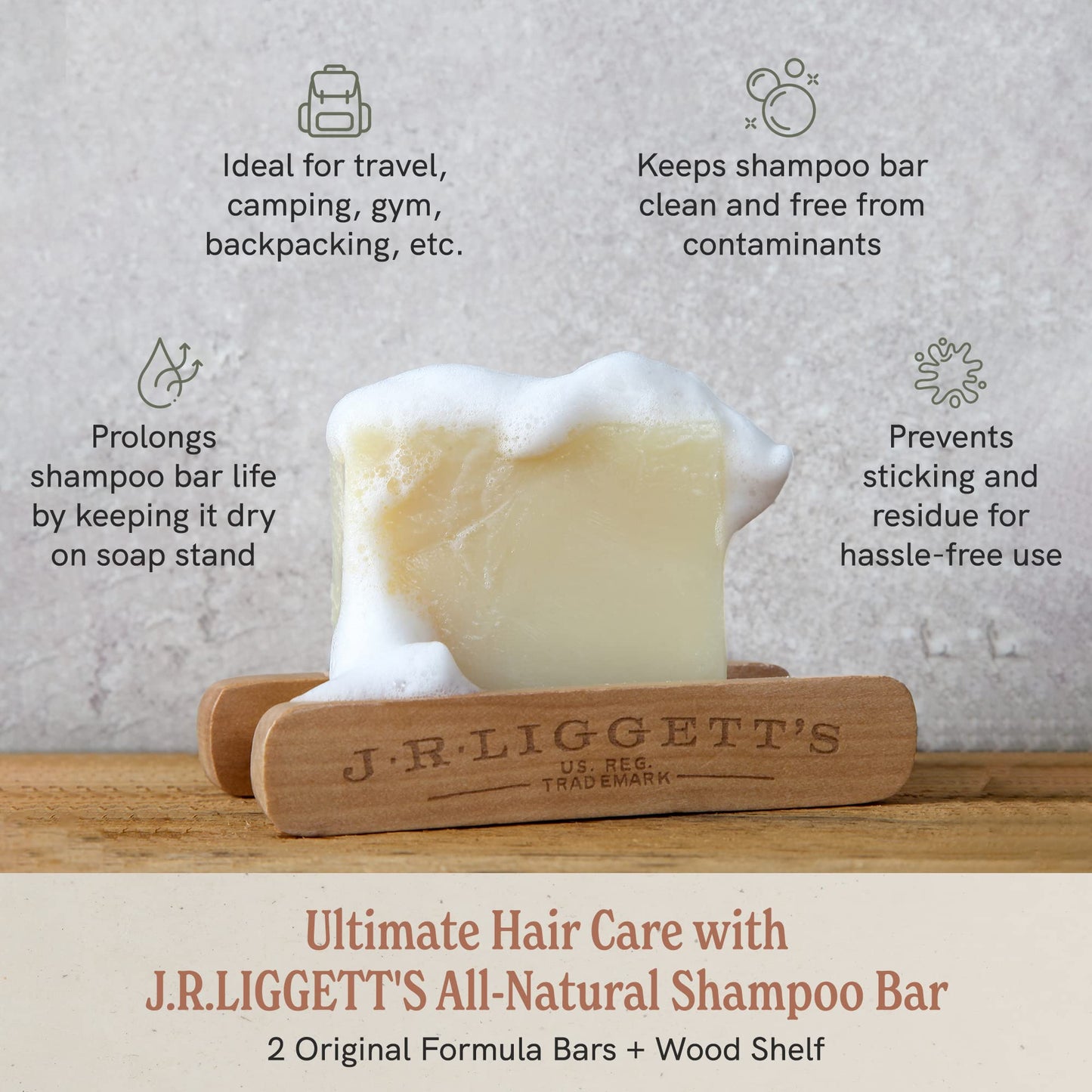 J. R. Liggett 2 Original Shampoo Bars + Wood Shelf - Made in U.S.A.