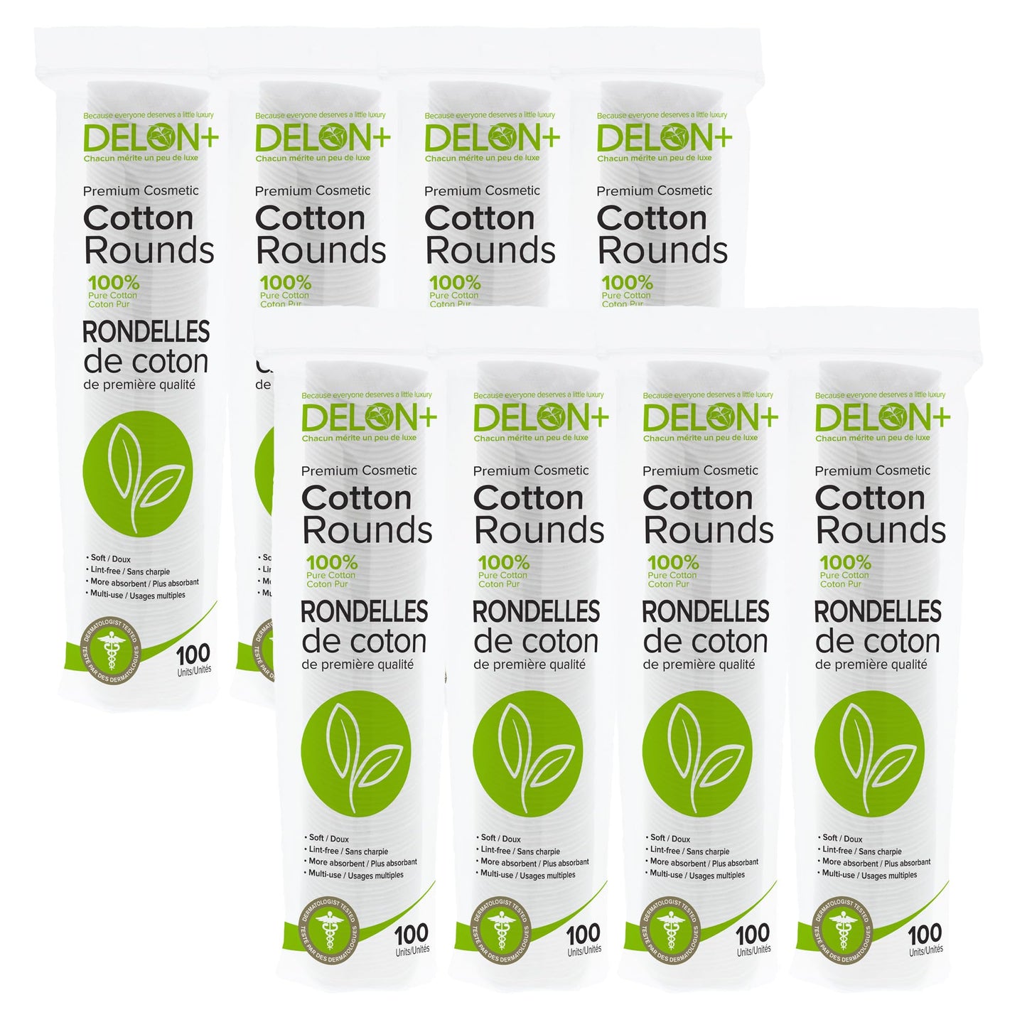 DELON+ Premium Cotton Rounds with Aloe Vera & B5 Provitamin (100 Count pack of 8) - Made in Canada