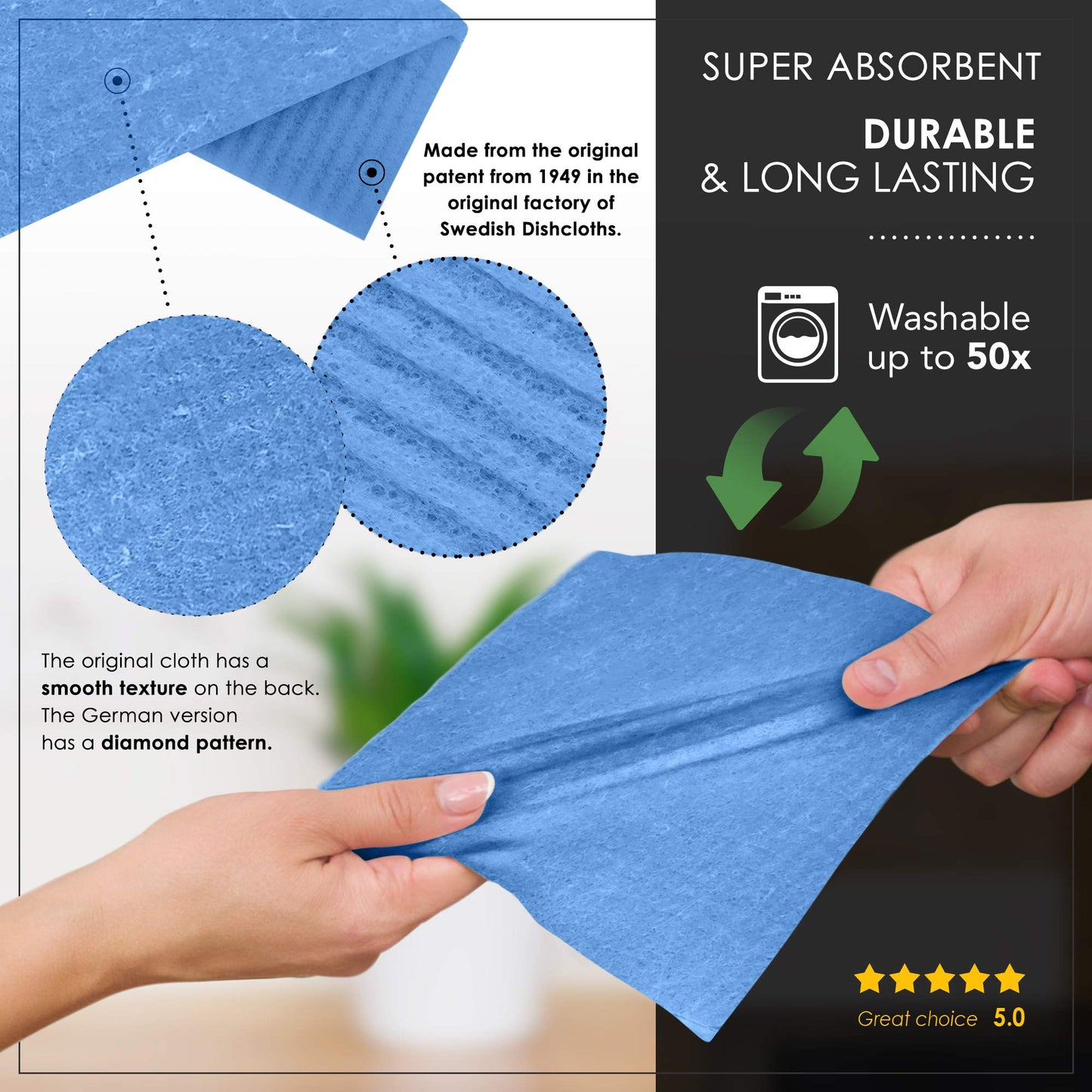 SUPERSCANDI Eco-friendly Reusable Sustainable Biodegradable Cellulose Sponge Cleaning Cloths (10 Pack Blue) - Made in Sweden