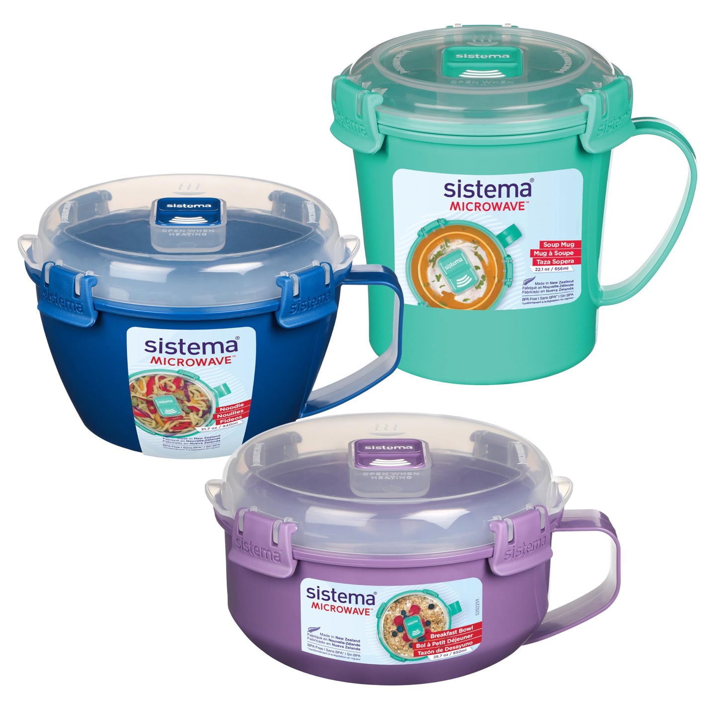 Sistema Microwave Soup Mug, Porridge Bowl & Noodle Bowl with Steam Release Vents (3 Count) - Made in New Zealand