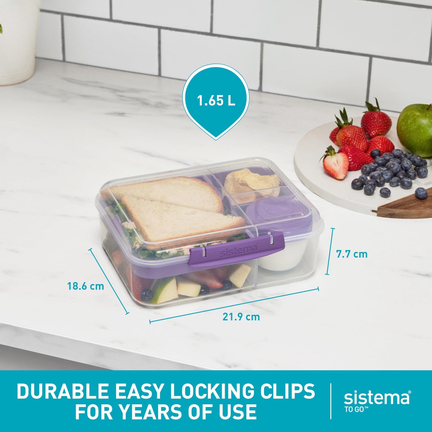 Sistema TO GO Bento Lunch | 1.65 L | School Lunch Box With Compartments & Snack Pot | BPA-Free | 1 Count | Minty Teal