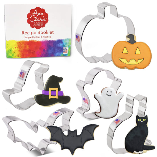 Ann Clark Halloween Cookie Cutters Pumpkin, Ghost, Bat, Black Cat, Witch Hat 5-Pc Set - Made in USA