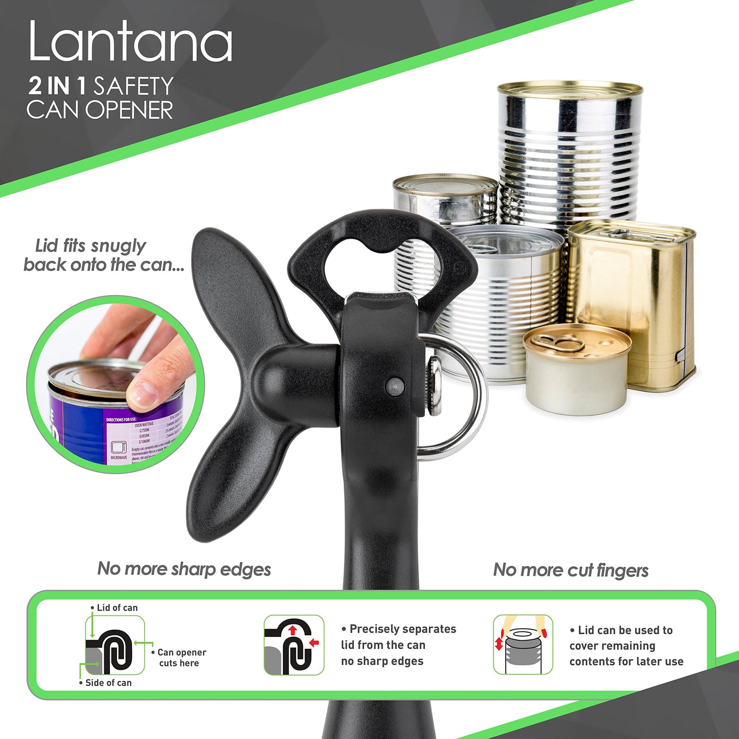 Lantana 2 in 1 Safety/Smooth Edge Tin Can Opener & Bottle Opener - Black/Stainless Steel - Made in Taiwan