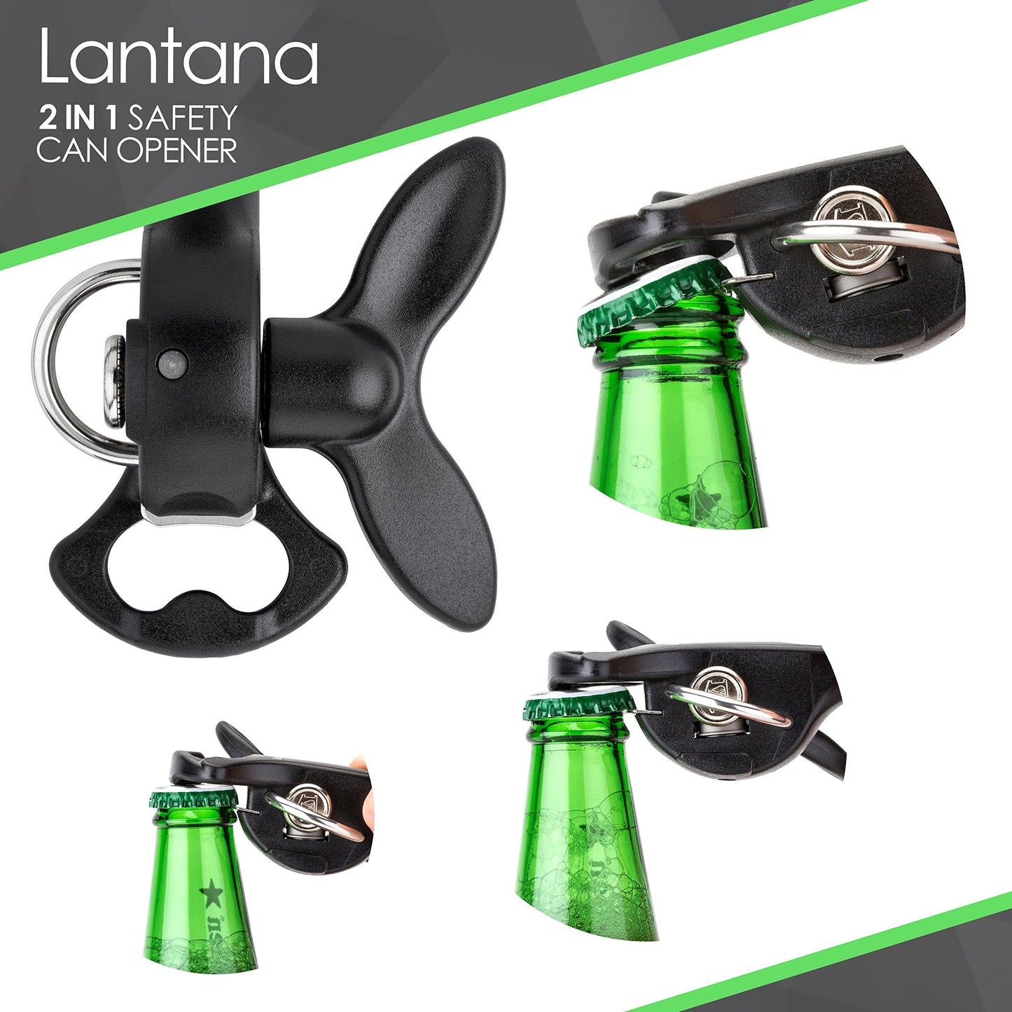 Lantana 2 in 1 Safety/Smooth Edge Tin Can Opener & Bottle Opener - Black/Stainless Steel - Made in Taiwan