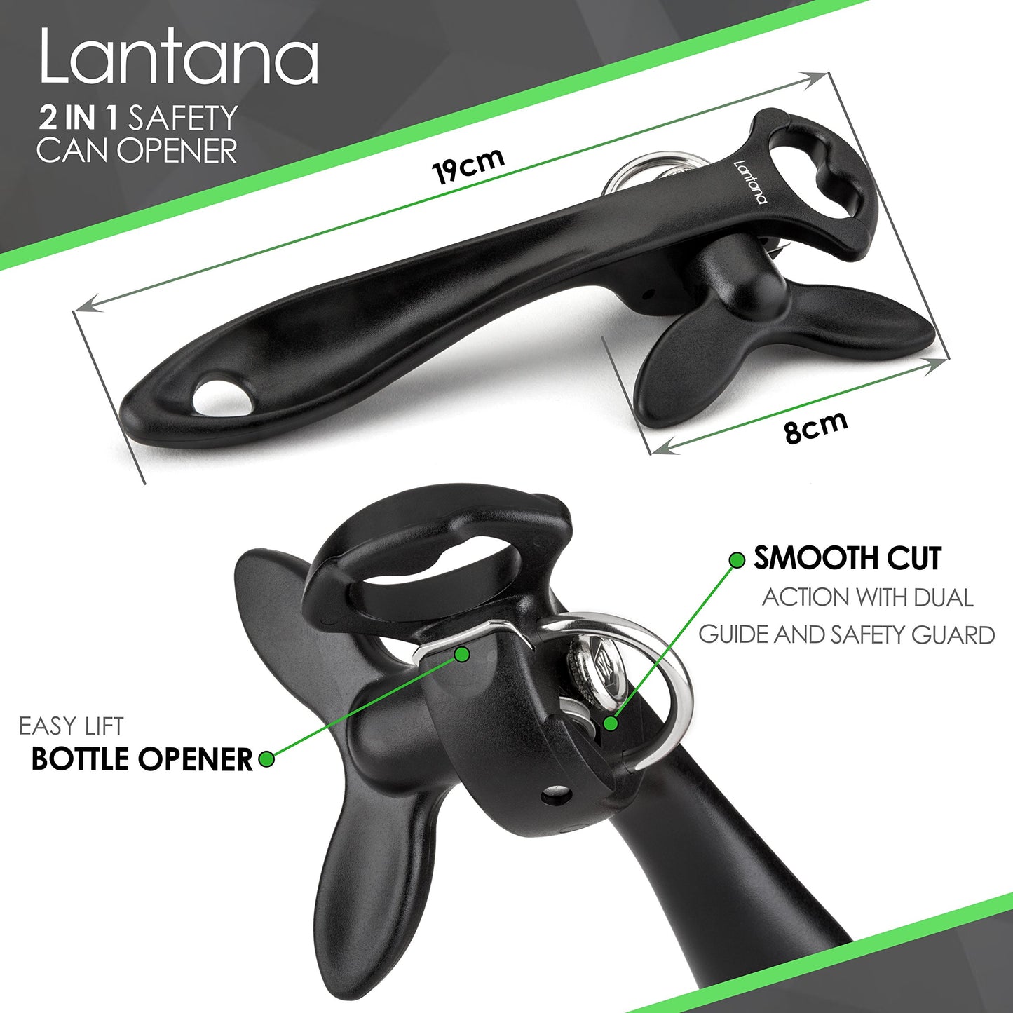 Lantana 2 in 1 Safety/Smooth Edge Tin Can Opener & Bottle Opener - Black/Stainless Steel - Made in Taiwan