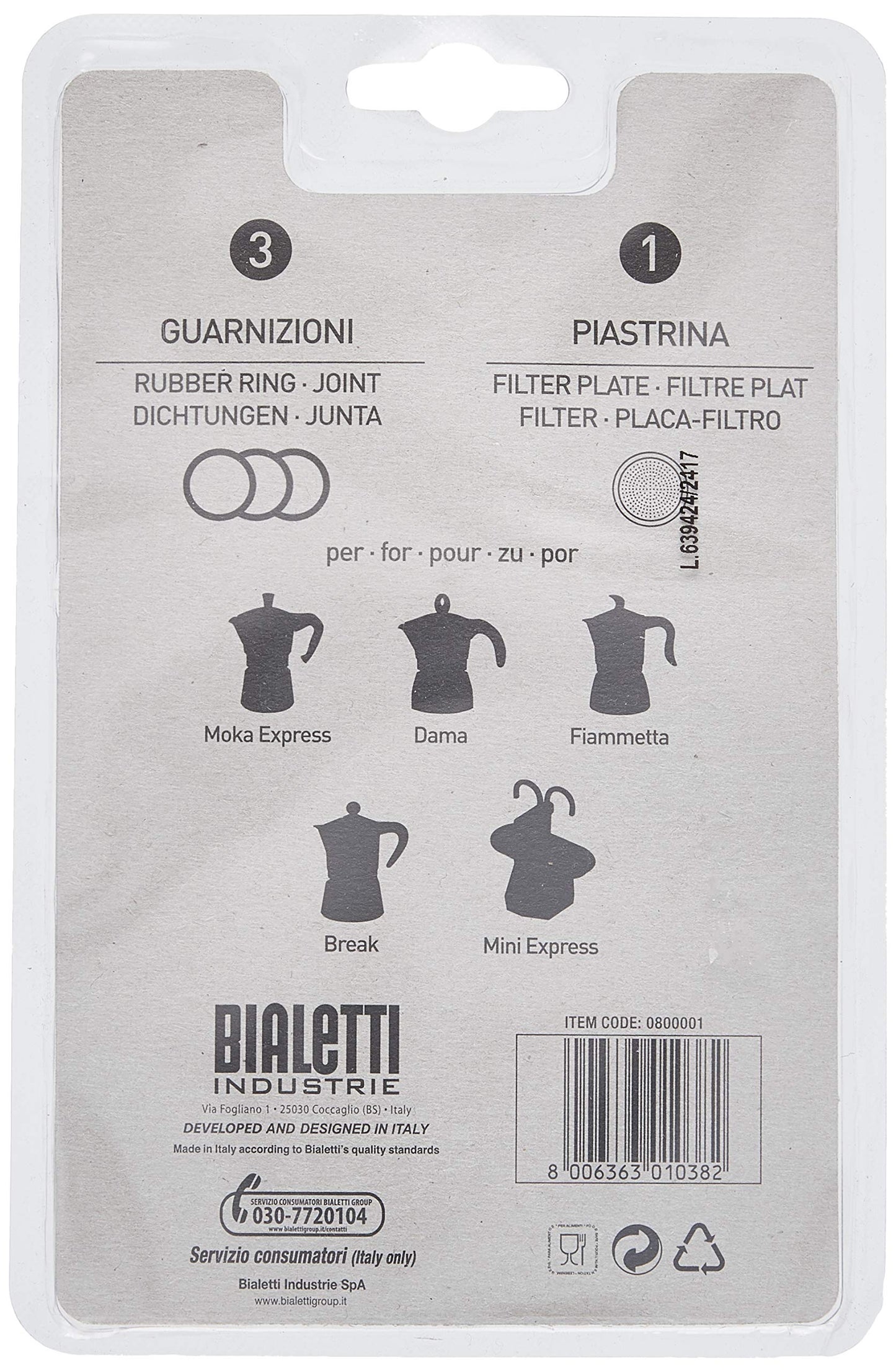 Bialetti 3 gaskets + 1 Plate 1 Cup - Made in Italy