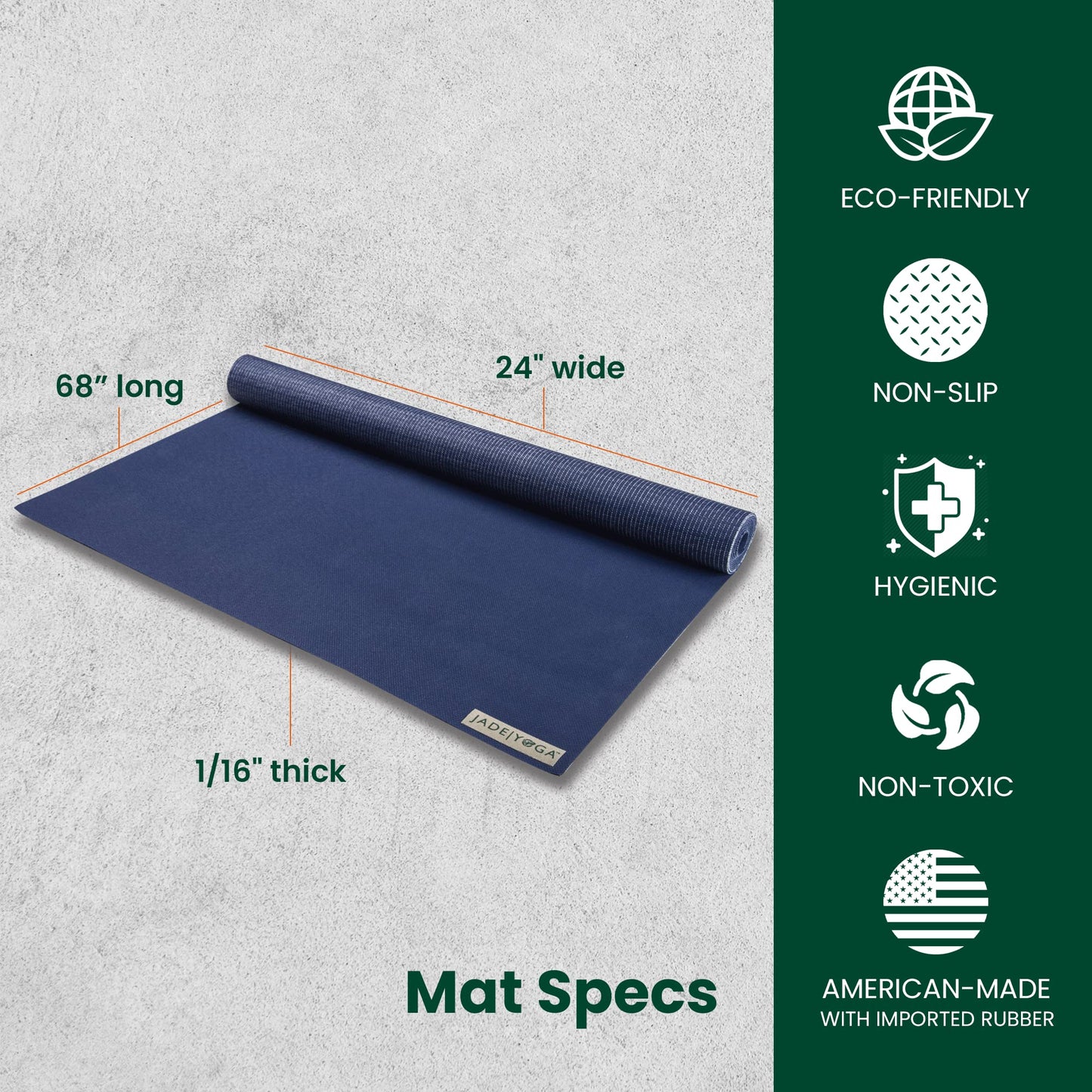 JADE YOGA Mat Yoga Travel Midnight Blue .0625In X 68In, 1 EA - Made in U.S.A.