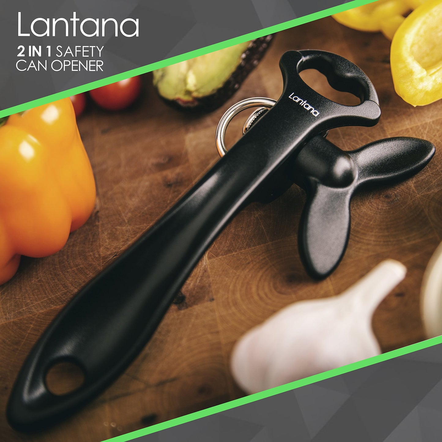 Lantana 2 in 1 Safety/Smooth Edge Tin Can Opener & Bottle Opener - Black/Stainless Steel - Made in Taiwan