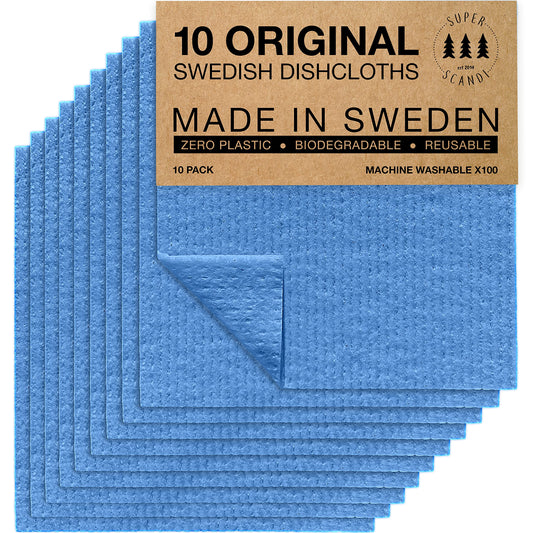 SUPERSCANDI Eco-friendly Reusable Sustainable Biodegradable Cellulose Sponge Cleaning Cloths (10 Pack Blue) - Made in Sweden